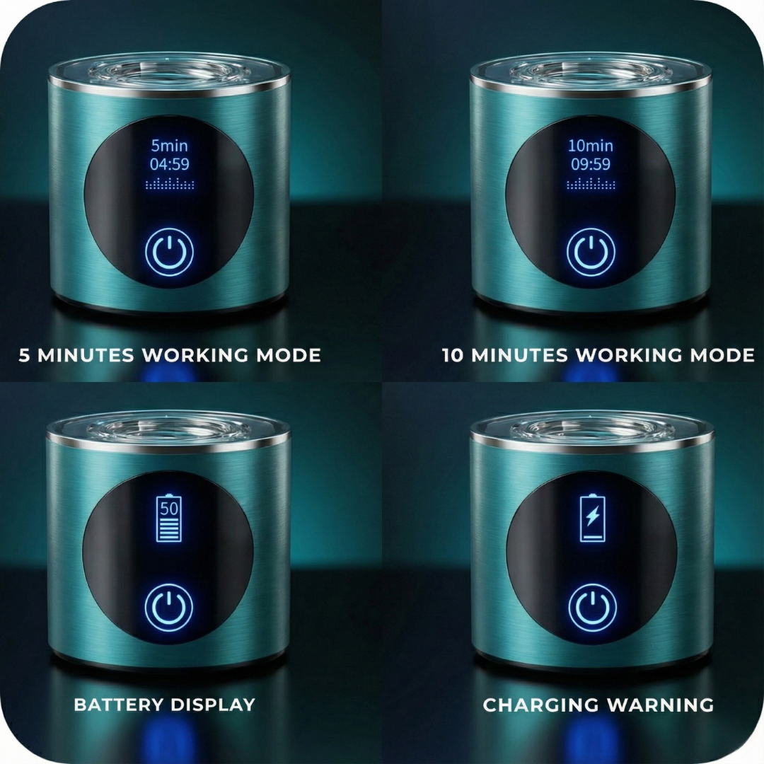 The DOUSE H8 display showing its 5-minute mode, 10-minute mode, battery level and charging warning