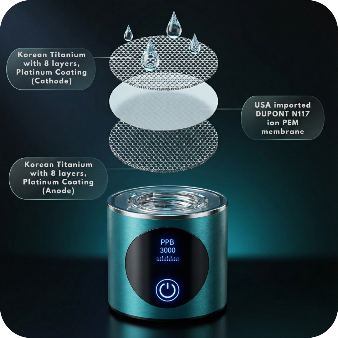 Exploded view of the DOUSE H8 generator: titanium electrodes, PEM membrane and base unit